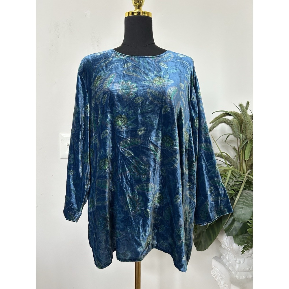 NWT J.Jill 2X Velvet Floral Tunic Blouse Top Blue Green Whimsigoth Boho Elegant